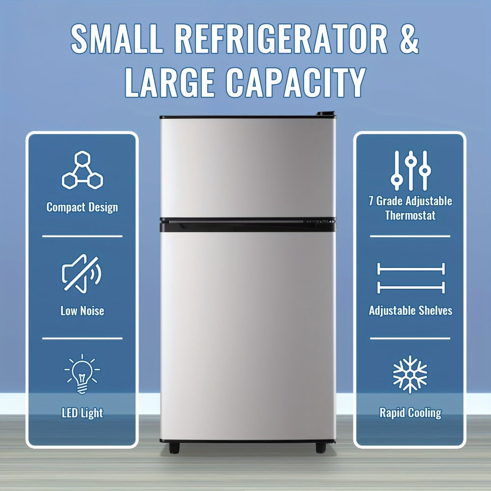 Small Fridge with Freezer, 2-Door Compact Refrigerator with 7-Level Adjustable Thermostat, Removable Shelves & Basket ¨C 2.5 or 3.5 Cu Ft Silver Mini Fridge for Dorm, Office, RV and Bedroom