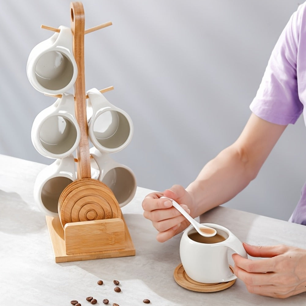 Ceramic Coffee Cup Set of 6 with Wooden Coasters & Cup Holder | 200ml Latte Cappuccino Espresso Tea Mugs | Home Office Caf¨¦ Gift Set