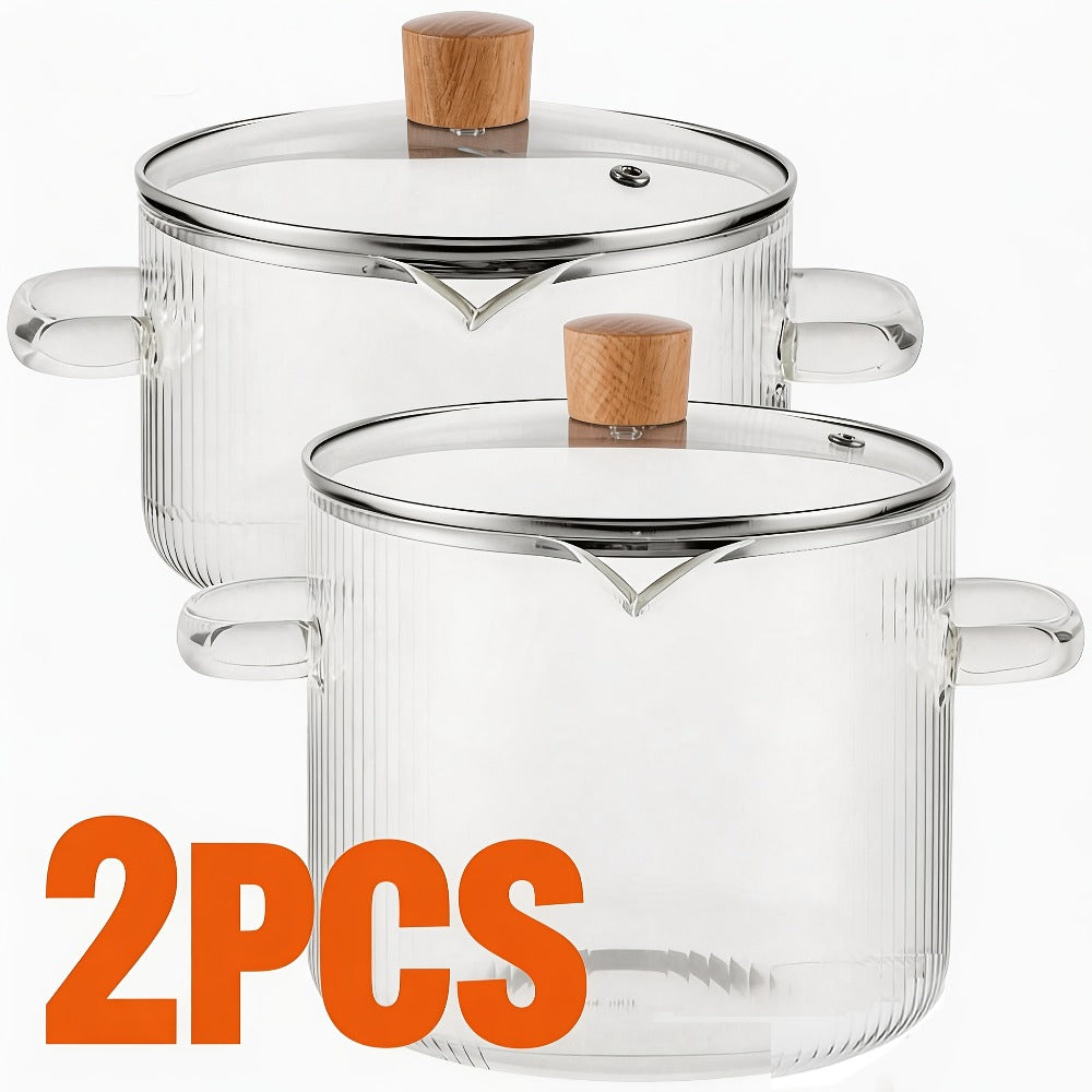 Glass Saucepan Set 2-Pack Stovetop Safe Borosilicate Ribbed Pots with Lids ¨C 78oz & 54oz Heat Resistant Cookware for Soup, Ramen, Milk | Transparent Glass Pot Kitchen Cooking Set with Baking Mat