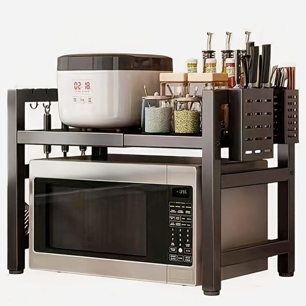 Kitchen Storage Rack Metal Extendable Shelves Microwave Stand Counter Organizer for Spices Bowls Cups Cookware Space Saving Shelf Black