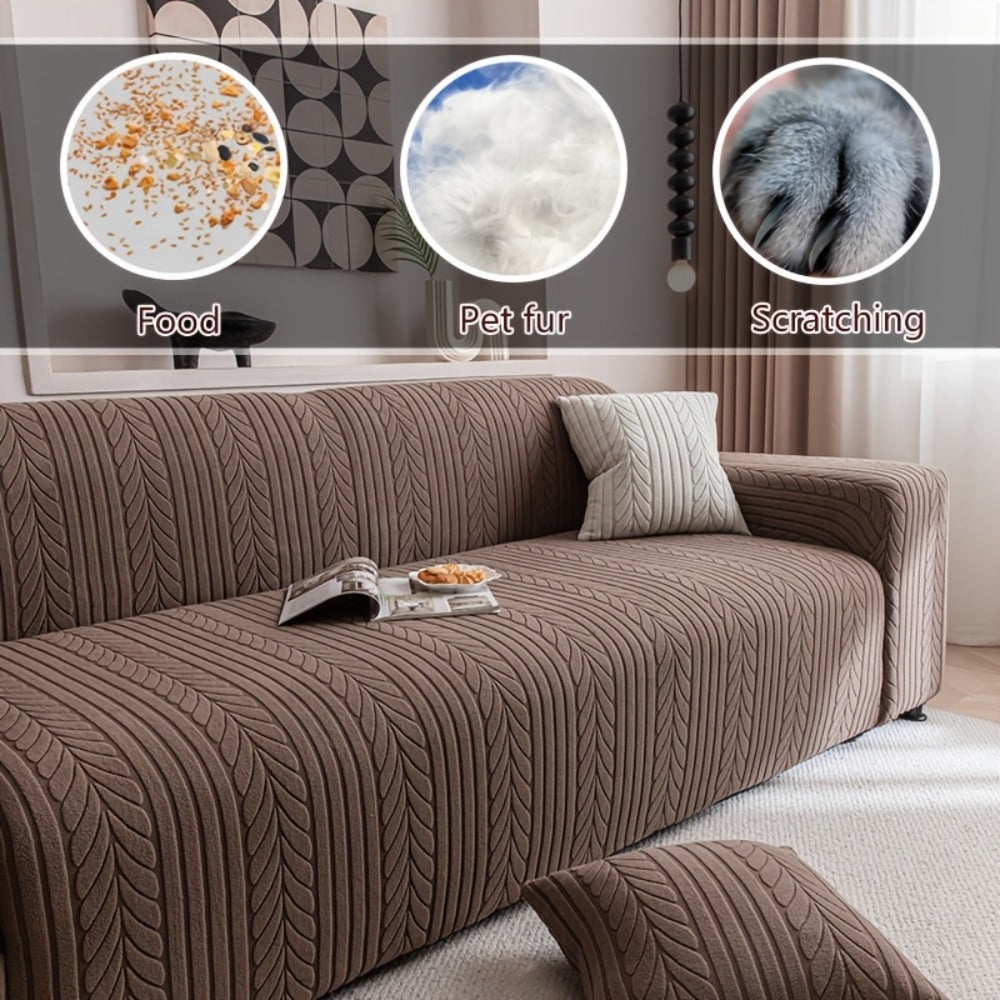 Couch Cover Full Coverage Elastic Velvet Jacquard Sofa Slipcover with Pillowcase - Non-Slip Thick Soft Pet Friendly Machine Washable Fits 1 2 3 4 Seater Living Room Bedroom