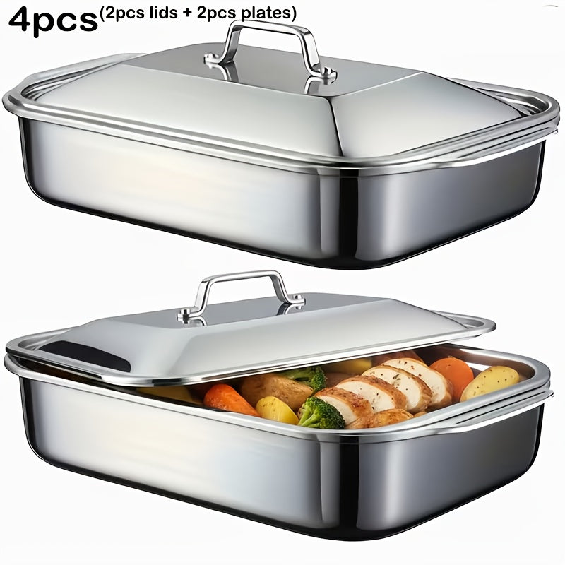 Stainless Steel Baking Sheet Pan Set with Lids, Heavy Duty Nonstick Oven Trays & Roasting Pans for Baking Bread Desserts Seafood, Thickened Rectangular Baking Pans, 4pcs / 8pcs / Extra Large Deep Dish