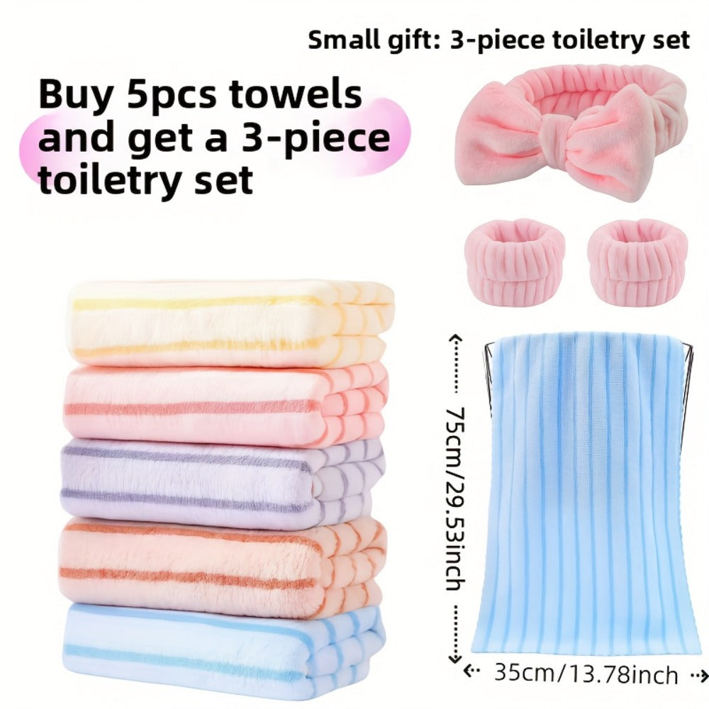 Bath Towel Set 5-Pack Coral Fleece Face Towels Thickened 500GSM Absorbent Color-Coded Striped Solid Spa Sensitive Skin Rectangular