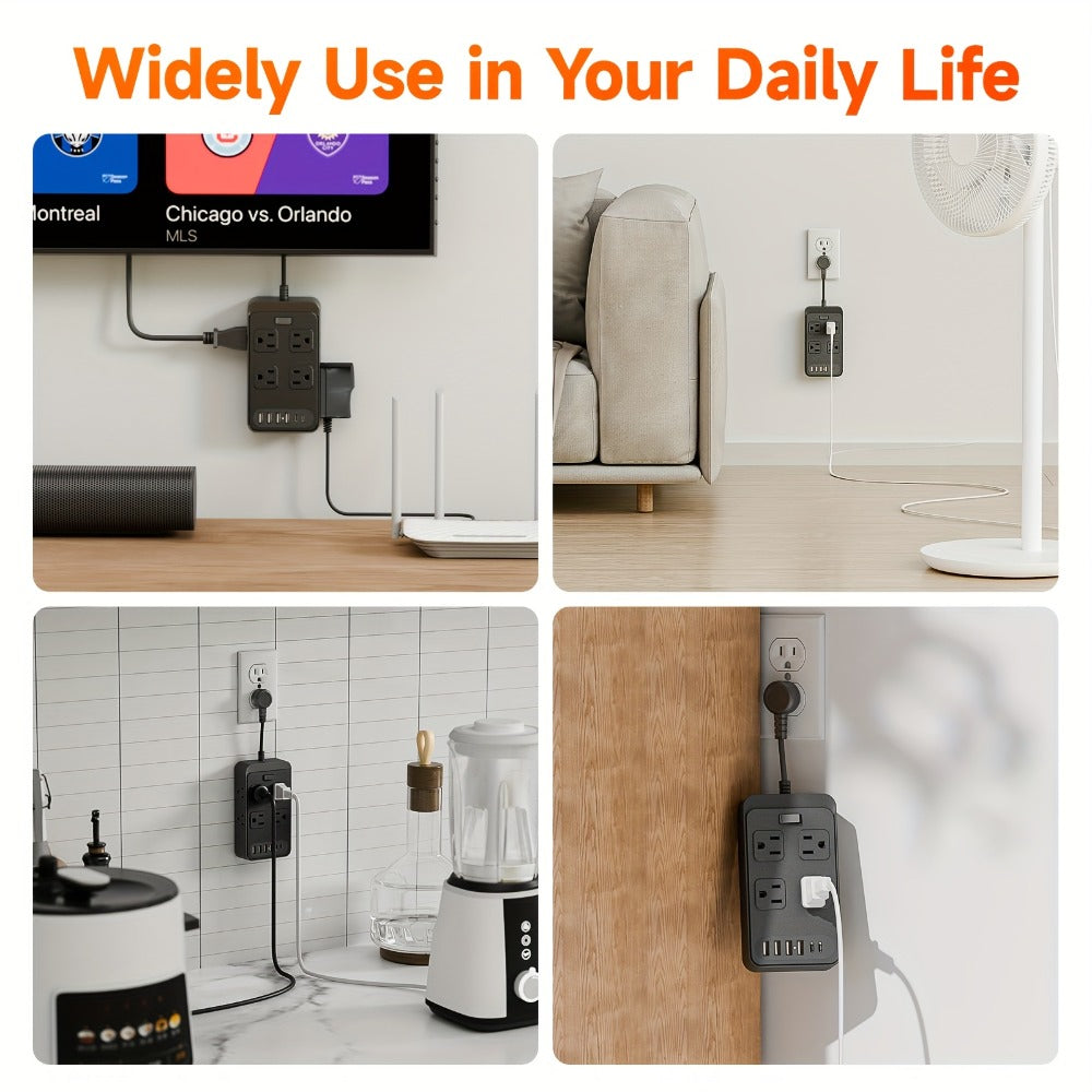 Power Strip Outlet Extender Surge Protector 8 AC Outlets 6 USB Charging Ports 4 USB-A 2 USB-C 3 Inch Short Cord Desk Charging Station for Home Dorm Office Travel White Black