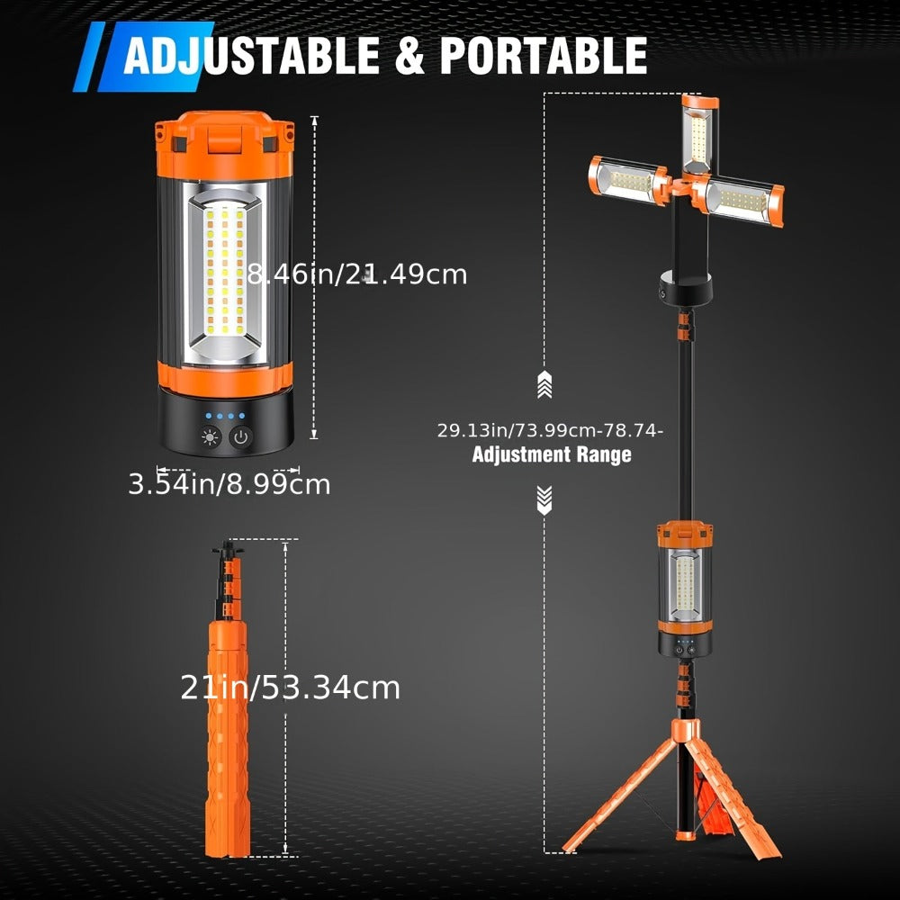 Rechargeable Camping Light 12000mAh with 79 Inch Detachable Tripod Stand ¨C Dimmable 3-Head LED Work Light, Magnetic Base, Cordless Emergency Flashlight for Camping Jobsite Outdoor Power Outage