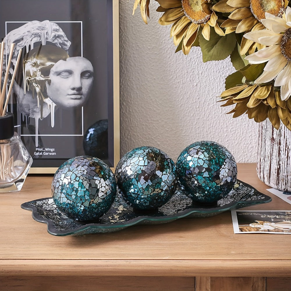 Decorative Glass Balls for Bowls 3 Inch Set of 3 with Glass Tray, Bowl Fillers Centerpiece Table Decorations for Home Decor Living Room Dining Coffee Table, Silver Black Gold Green