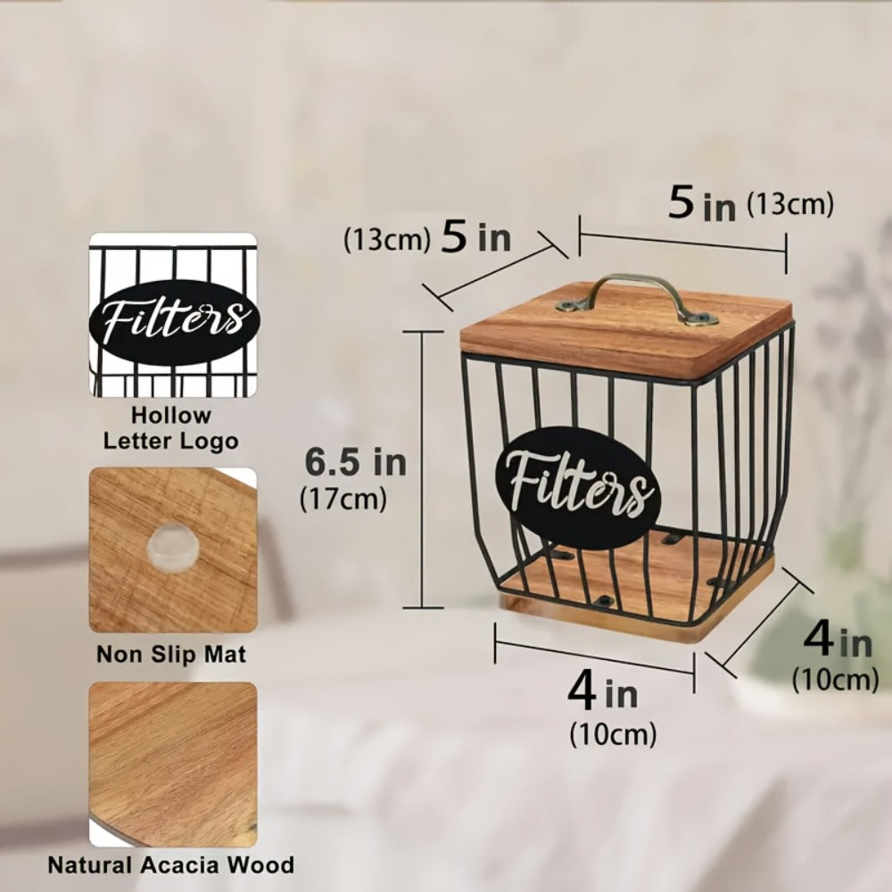K-Cup Coffee Pod Holder Rack with Lid ¨C Large Capacity Black Metal Square Coffee Capsule Storage Organizer with Wooden Base, Modern Coffee Bar Countertop Decoration for Coffee Beans & Capsules ¨C Black