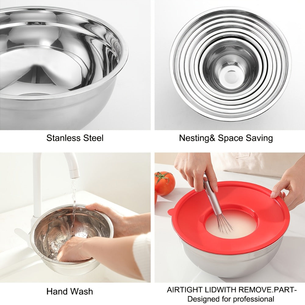 Stainless Steel Mixing Bowl Set 21-Piece with Lids and Grater Attachments, Nesting Bowls 0.7QT to 4.5QT, Rust Resistant Kitchen Bowls for Cooking Baking Serving, Complete Prep Bowl Set with Lids