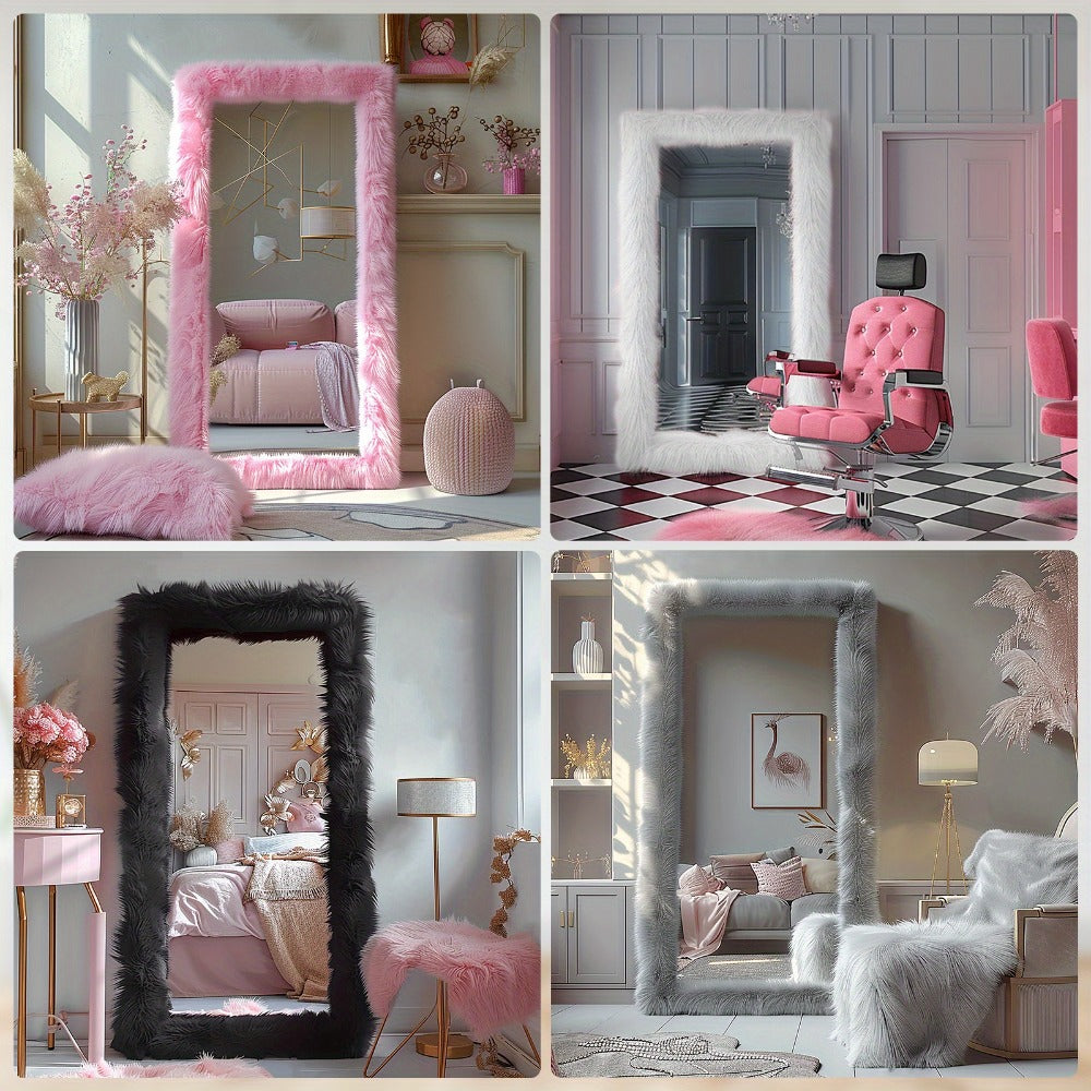 Full Length Mirror with Faux Fur Frame 24x63 Inch Leaning Floor Mirror for Bedroom Living Room Hallway Vanity Dressing Mirror Pink Gray White