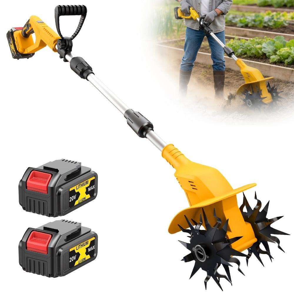 Electric Tiller Cultivator Cordless 20V Battery Powered - 8.6 Inch Tilling Width, Adjustable Ergonomic Handle, Garden Bed & Farm Soil Breaker, Available in Small/Large with 1 or 2 Batteries Included
