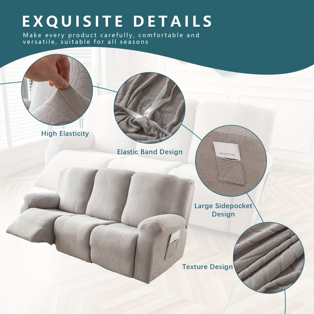 Jacquard Stretch Sofa Recliner Cover Big Leaves - High Stretch Soft Washable Slipcover for 1 2 3 Seat Loveseat with Console Furniture Protector Home Decor, 6 Colors