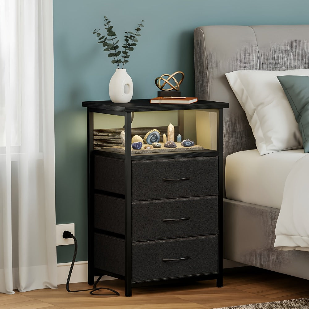 Nightstand with Charging Station & USB Port | 3-Drawer Bedside Table with LED Light, Heavy Duty End Table for Bedroom, Dorm & Small Spaces