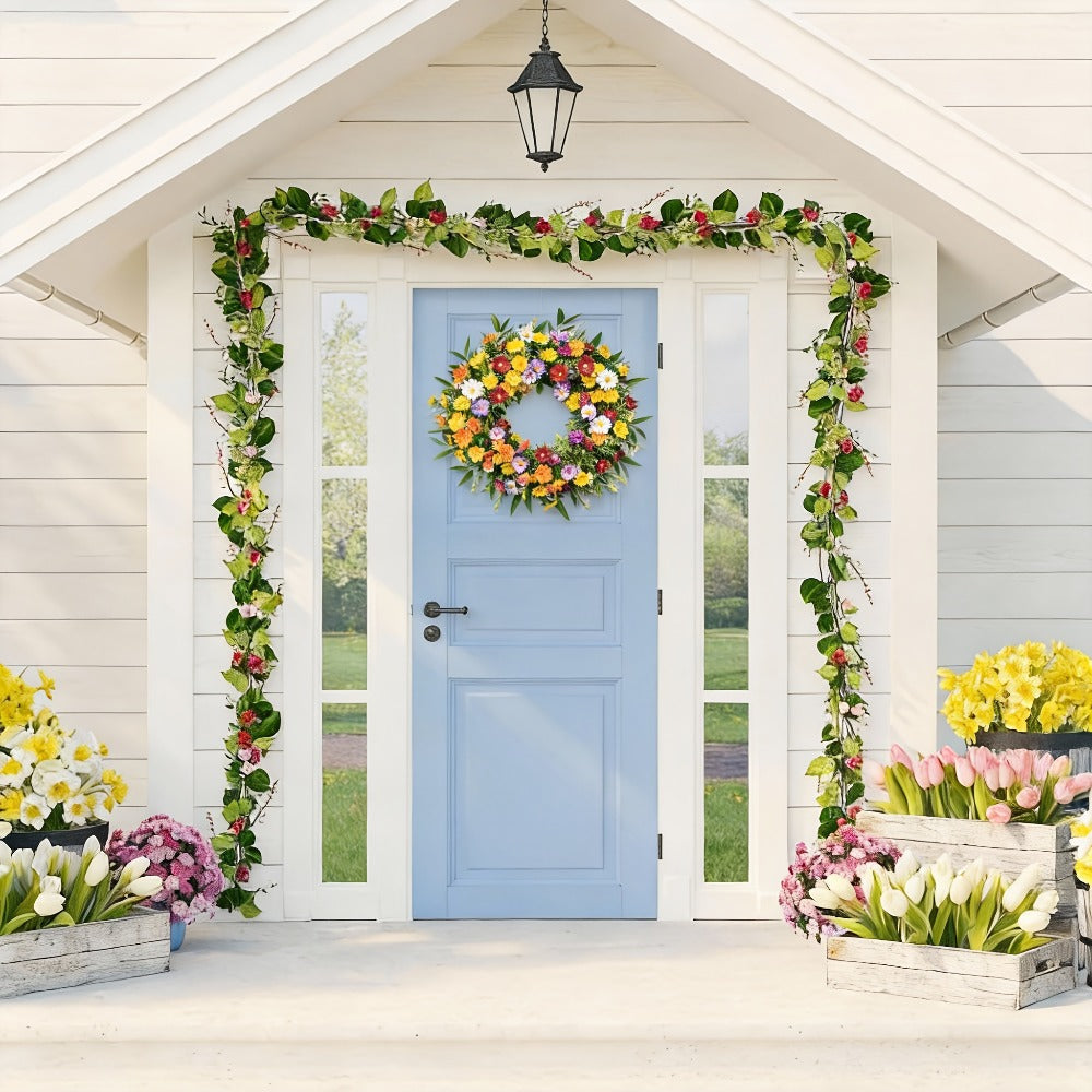 20 Inch Spring Wreath for Front Door Artificial Daisy Lavender Wildflower Farmhouse Wreath for Home Wall Easter Holiday Decor