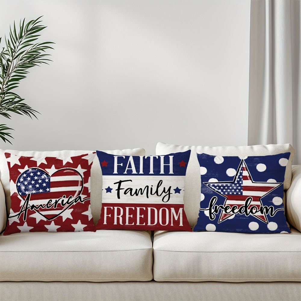 Patriotic Throw Pillow Covers 4pcs Set American Flag USA Freedom Memorial Day Decorative Cushion Covers for Sofa Living Room Outdoor Farmhouse Home Decor 18x18in Polyester No Insert
