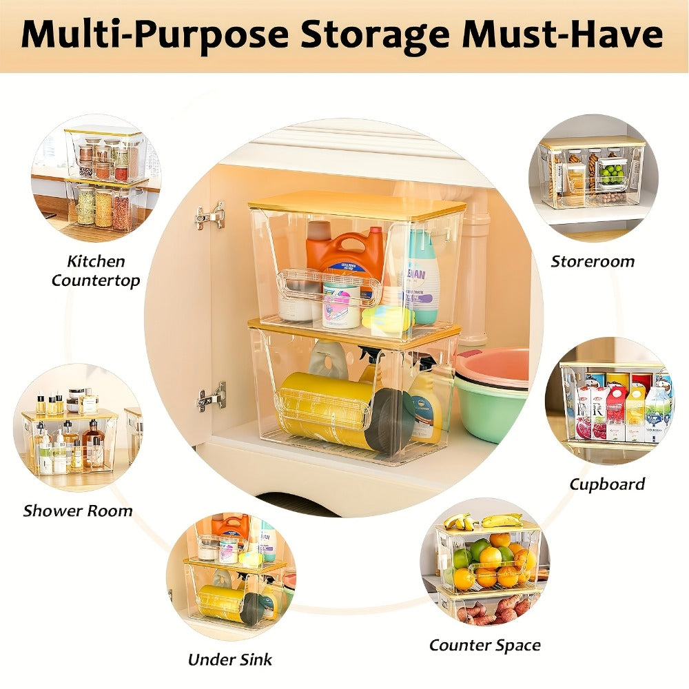 Stackable Kitchen Food Storage Organizer Boxes Clear Acrylic 2 Pack | Extra Large Transparent Produce Storage for Onions Potatoes Fruits Vegetables | Cabinet Pantry Space Saver with Garbage Bags