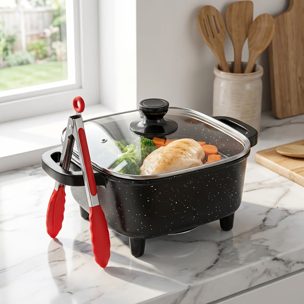 Electric Mini Square Hot Pot 8-Inch Non-Stick Speckled Coating Glass Lid Cool-Touch Handle Multi-Speed Temperature Control Compact Electric Skillet for Cooking Boiling Stewing Small Kitchen Apartment