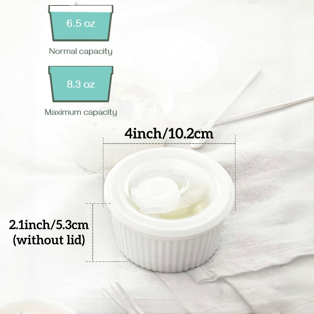 Souffle Dishes Set of 6 Porcelain Ramekins with Lids 8oz Creme Brulee Cups Custard Cups for Baking Pudding Dip Sauce Dessert White Ceramic Bakeware