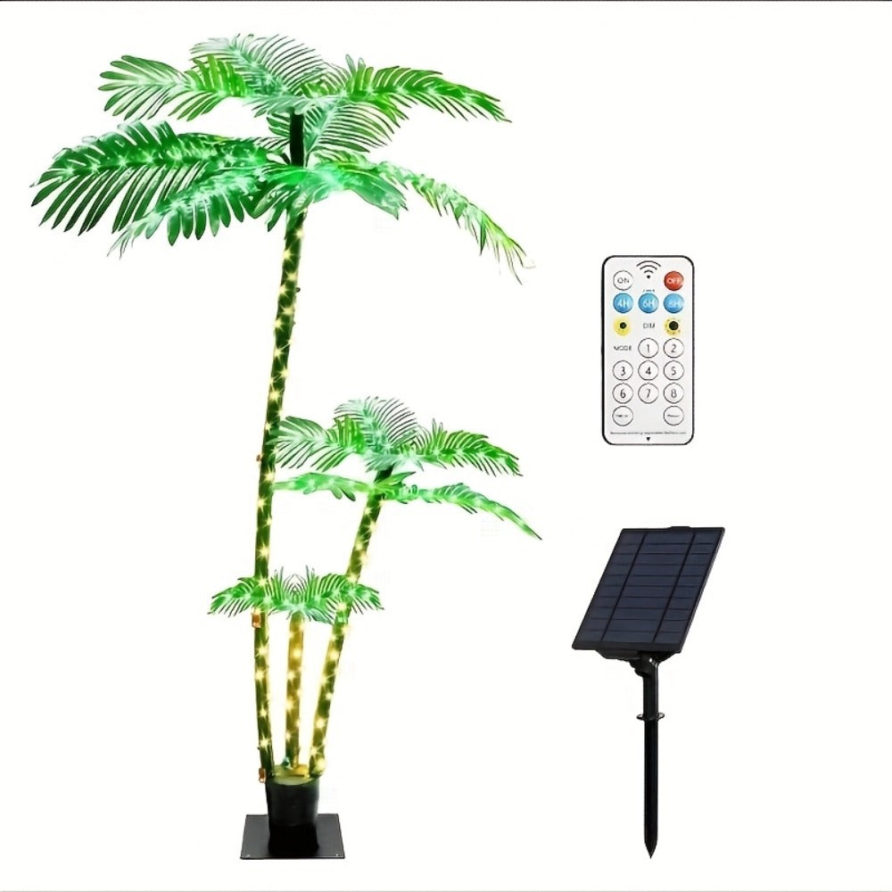 Solar Powered Artificial Palm Tree 7ft Triple Trunk 260 LED Lights 8 Modes Dimmable Timer 2200mAh Battery Metal Base Outdoor Indoor Decor Tiki Bar Patio Beach Garden Christmas Halloween Party