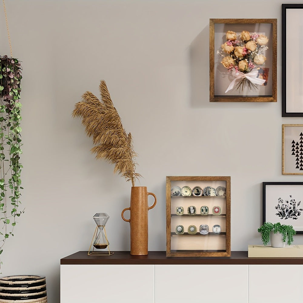 Shadow Box Frame 11x14 Large Memory Display Case with Linen Back - 4 Removable Shelves for Medals, Coins, Rings, Pins, Photos & Flowers | Deep Shadow Box for Collections, Country Farmhouse Style