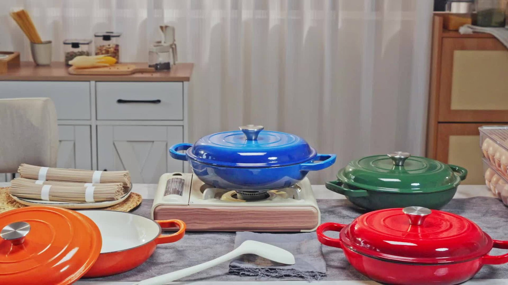 Enamel Cast Iron Dutch Oven 3QT with Lid, Shallow Braiser Pot with Double Handles for Cooking Braising Stewing, Compatible with All Stovetops & Oven ¨C Colorful Enameled Cast Iron Cookware