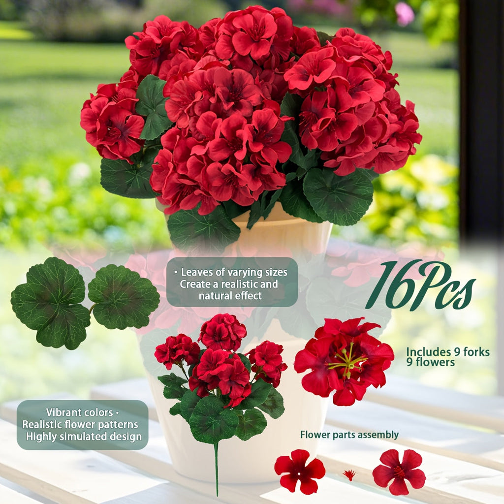 Artificial Flowers Outdoor UV Resistant - Geranium Hydrangea Rose Marigold Faux Silk Flowers for Garden Patio Home Table Centerpiece Decor, 8/16 Bundles, 13.77 Inch