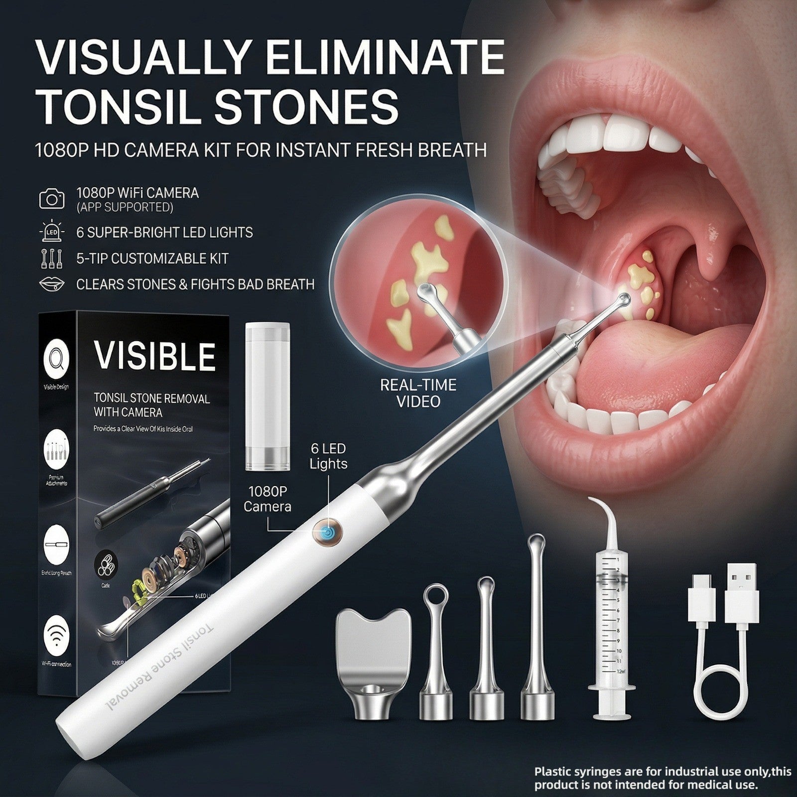 Tonsil Stone Remover with Camera 1080P HD Visual Oral Care Kit - 6 LED Lights, 5 Stainless Steel Tips, Wi-Fi App Control, USB-C Rechargeable Bad Breath Treatment Tool for iOS & Android