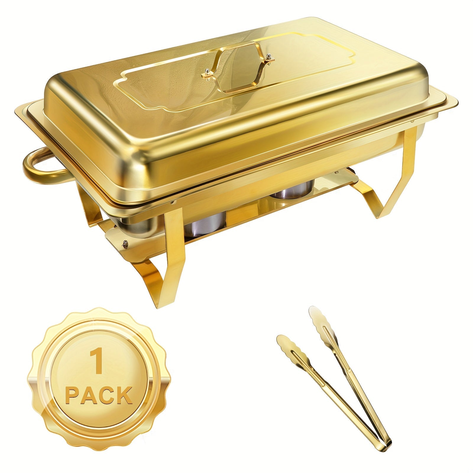 Chafing Dish Buffet Set 8QT Gold - Stainless Steel Food Warmer with Lid Foldable Stand & Golden Serving Tongs for Parties Weddings Catering Events, 1 or 4 Pack