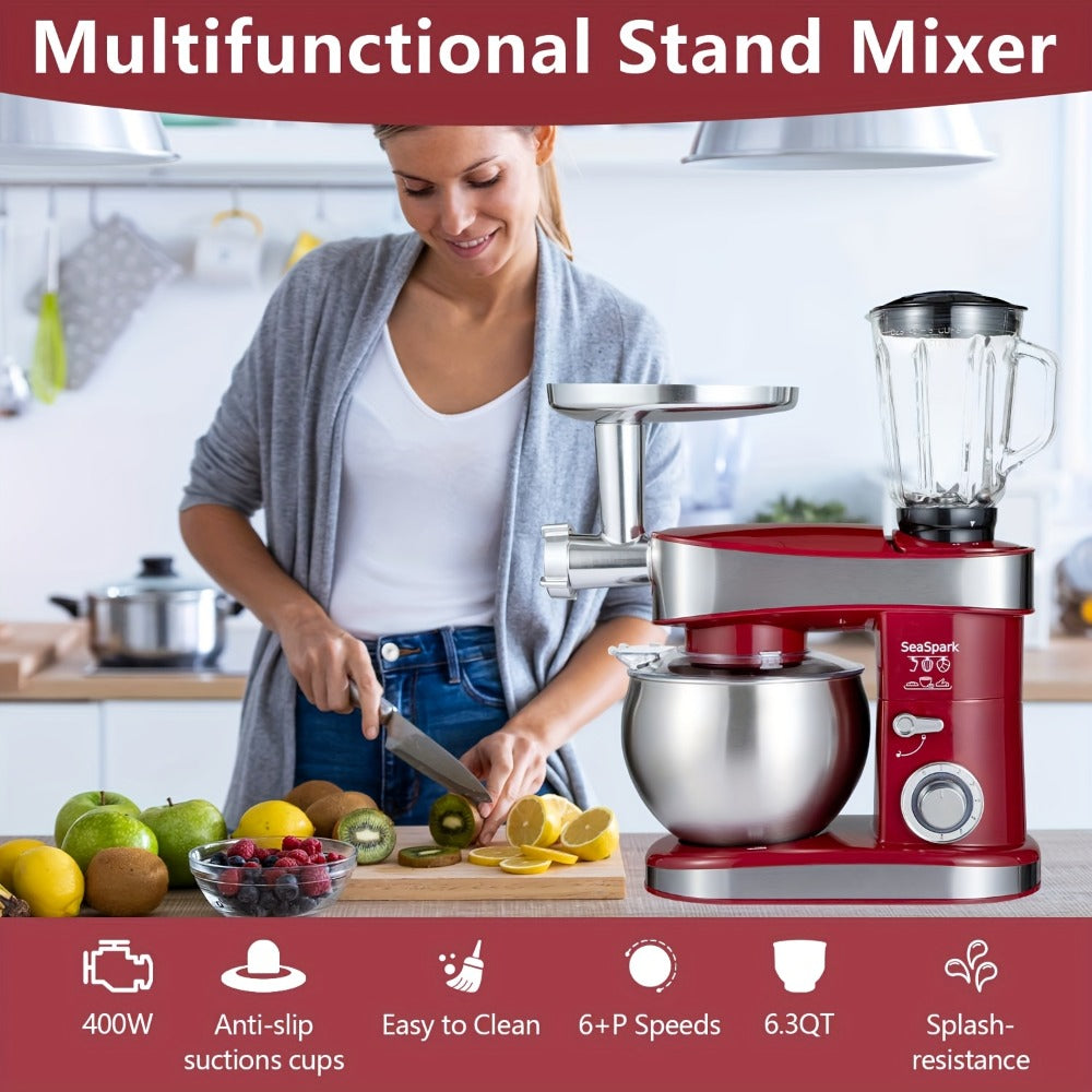 Stand Mixer 6-in-1 400W with 6.3QT Stainless Steel Bowl ¨C 6-Speed & Pulse Tilt-Head Kitchen Mixer with Dough Hook Beater Whisk Juicer Meat Grinder Noodle Press | Electric Food Mixer Black Red Purple Silver