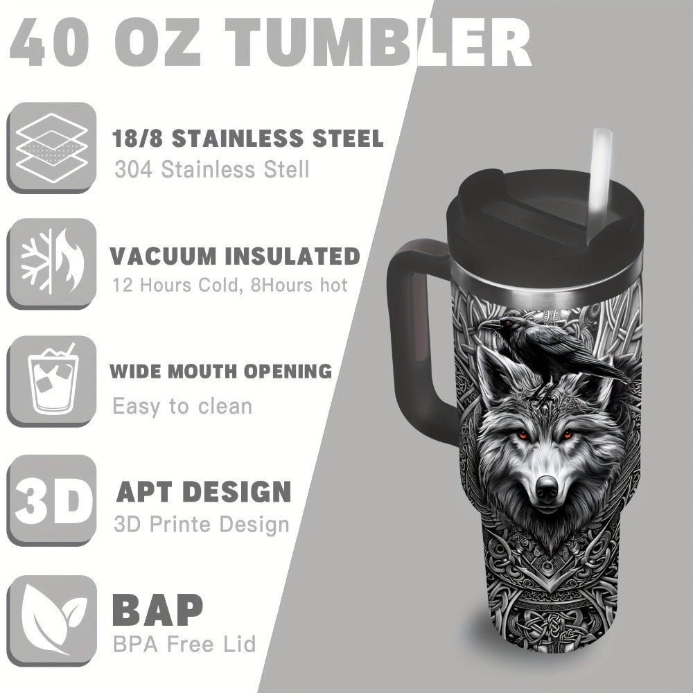 40oz Viking Tumbler with Handle - Wolf Raven Norse Mythology Celtic Knot Stainless Steel Insulated Travel Mug, Viking Gift for Men Women, Coffee Mug for Viking Lovers, Norse Mythology Gift