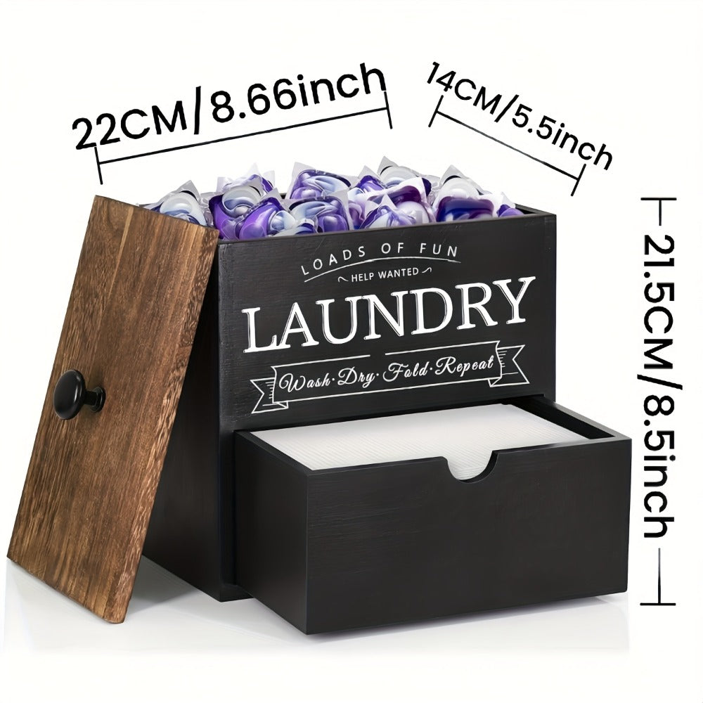 Dryer Sheet Holder with Drawer & Lid | Farmhouse Wood Laundry Pod Dispenser | Wall Mount or Countertop Organizer for Laundry Room Storage, Black & White