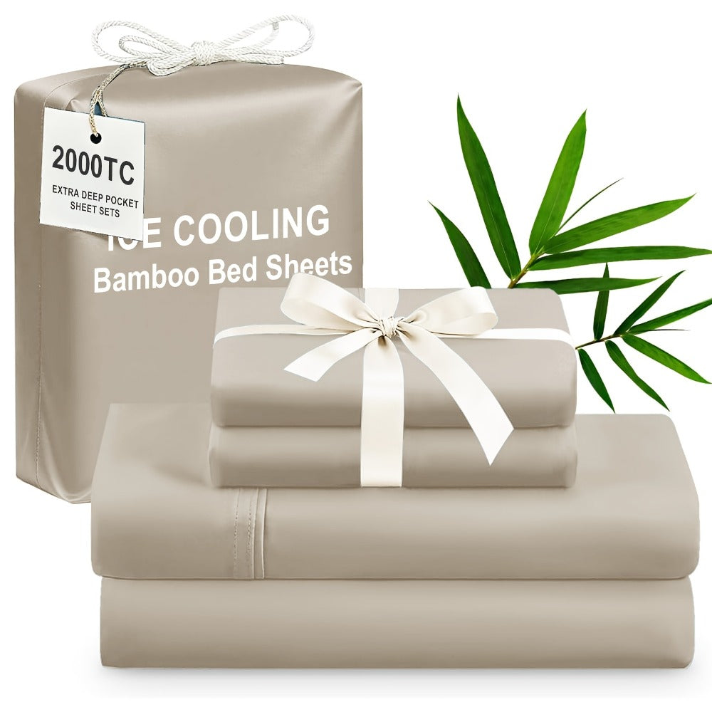 Bamboo Cooling Bed Sheet Set 4pcs Extra Deep Pocket Breathable Fitted Sheet Flat Sheet Pillowcases for Hot Sleepers Twin Full Queen King