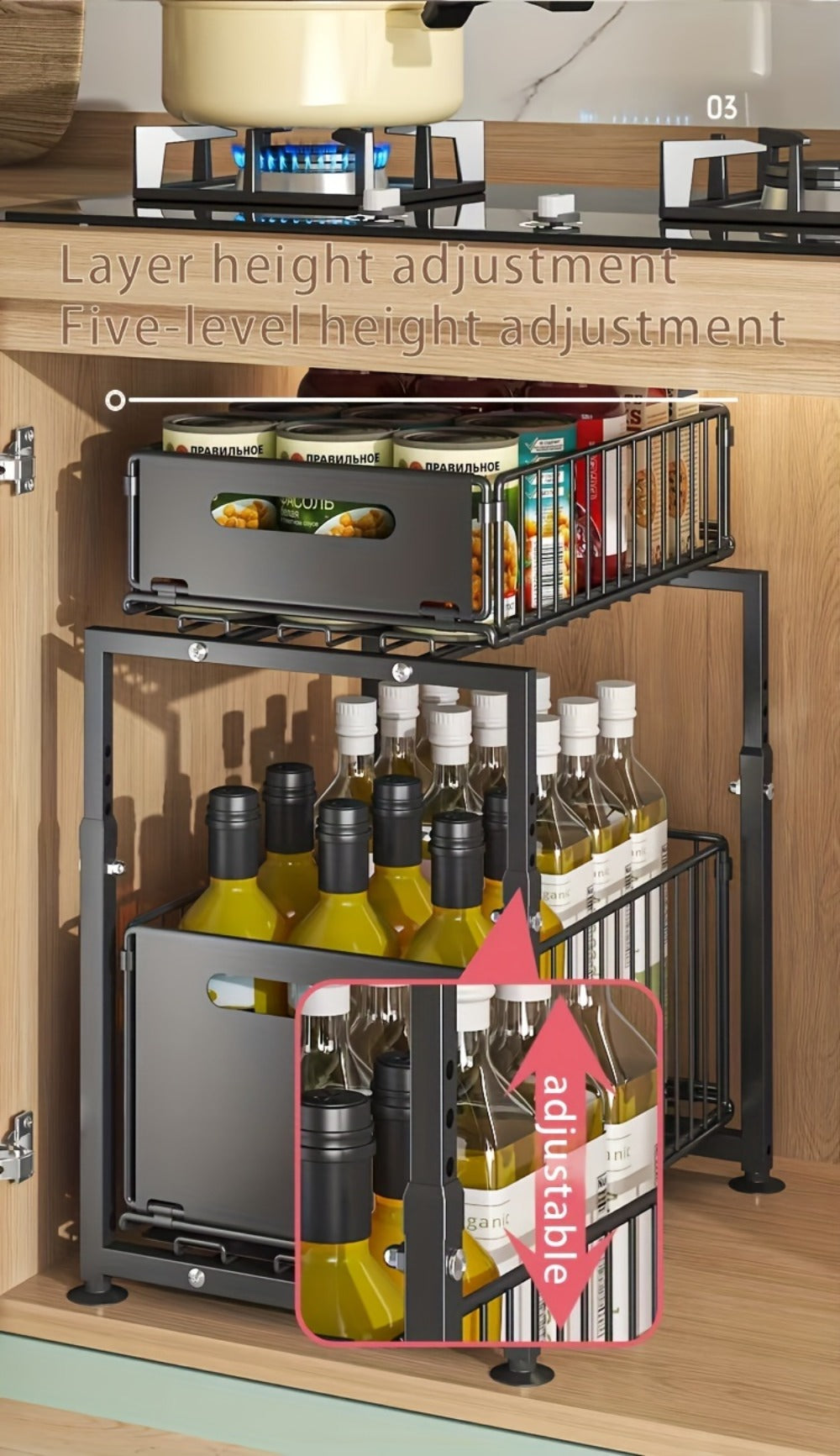 Under Sink Organizer 2-Tier Pull Out - Adjustable Height Carbon Steel Cabinet Storage Shelf for Kitchen and Bathroom, Space Saving Sliding Drawer Rack for Cleaning Supplies Pots and Toiletries, Heavy Duty Under Cabinet Organizer Available in 1 or 2 Pack
