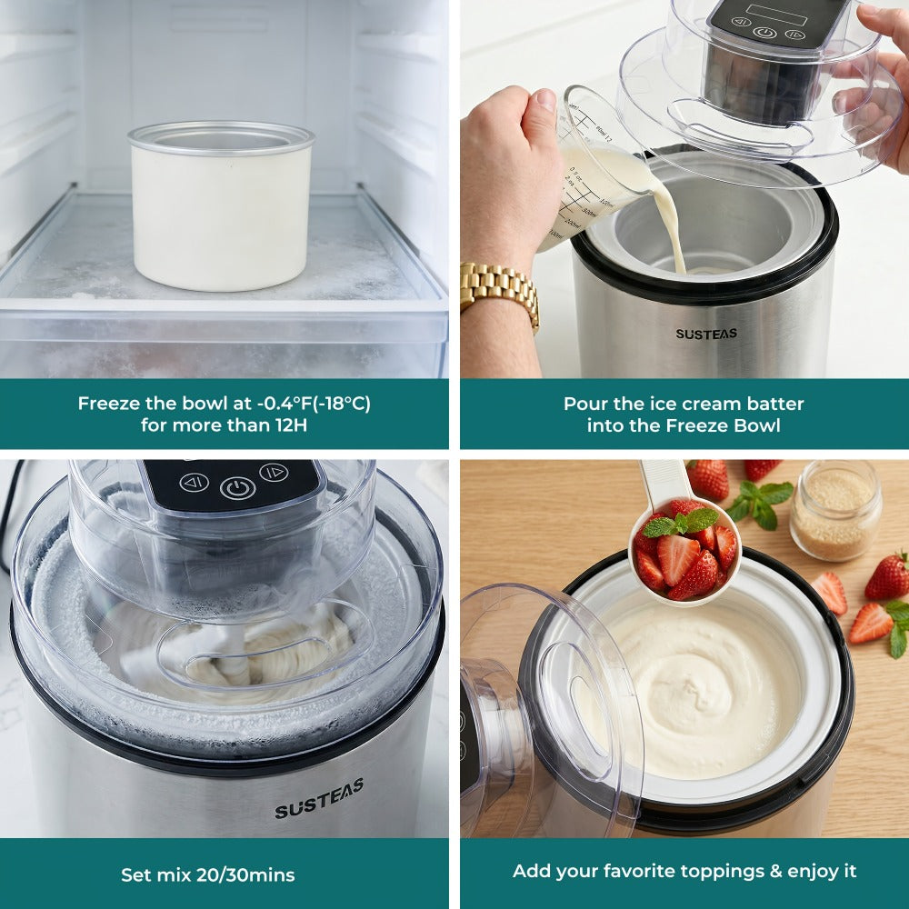 Ice Cream Maker 2 Liter Large Capacity Stainless Steel with LED Screen - Electric Ice Cream Machine for Home, Parties & Barbecues, Makes Frozen Yogurt & Fruit Smoothies, Easy to Clean, Great Gift