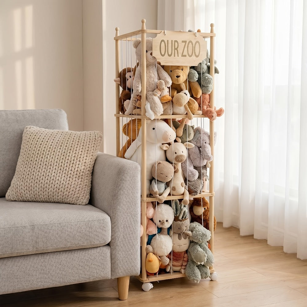 Stuffed Animal Storage Tower Wooden Zoo Cage Design Large Plush Toy Organizer Holder for Kids Playroom Bedroom No-Tool Assembly Boys Girls Gift
