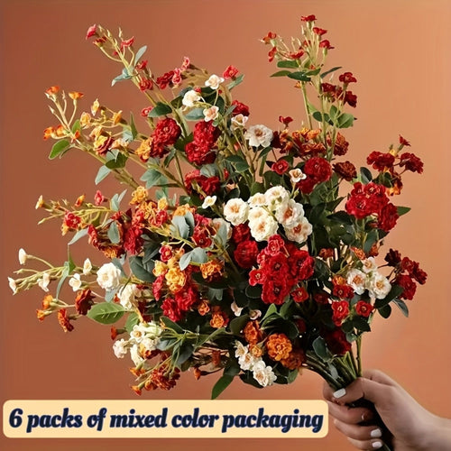 Artificial Roses Fake Flowers 6 Pack - Realistic Touch Plastic Rose Bouquet for Home Decor, Wedding, Party, Farmhouse, Living Room & Christmas Decoration, Mixed Colors