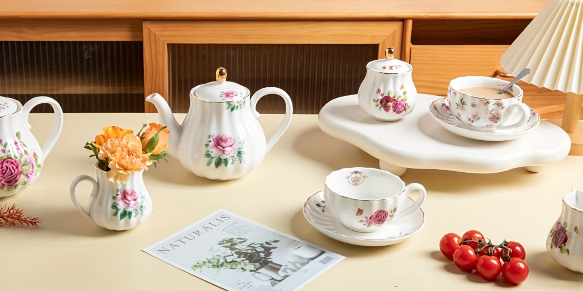 Porcelain Tea Set Service for 6 British Royal Floral Design with Teapot Sugar Bowl Cream Pitcher Teaspoons Tea Strainer 8oz Cups Saucers for High Tea Wedding Party Gift