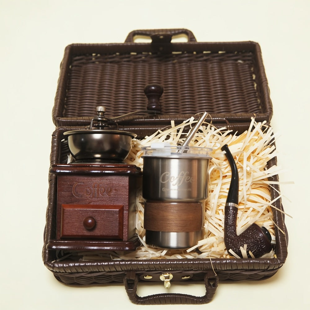 Manual Coffee Grinder Hand Grinder with 304 Stainless Steel Burr, Portable Square Coffee Mill for Travel, Camping, Office & Food Truck, Vintage & Brown Pipe Style, Perfect Coffee Gift Set