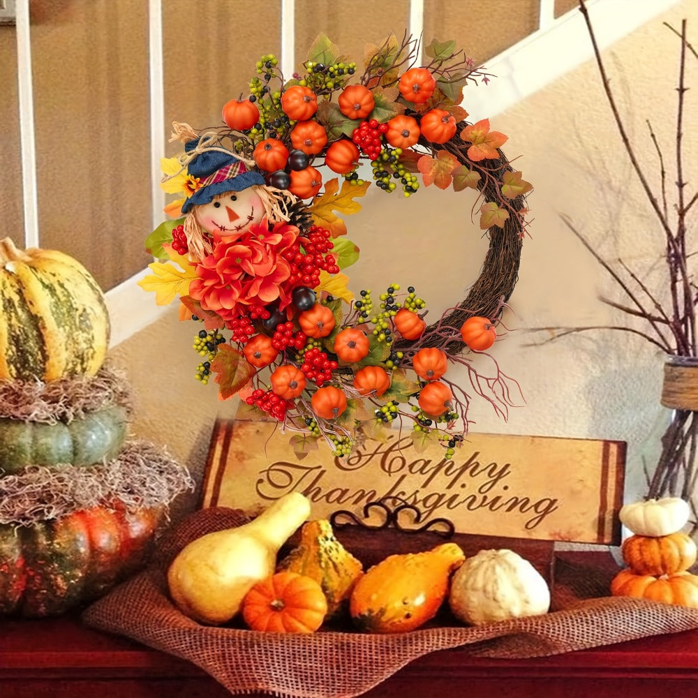 Fall Wreath for Front Door Autumn Thanksgiving Pumpkin Leaves Floral Doll Wreath Indoor Outdoor Wall Window Holiday Home Decor Christmas