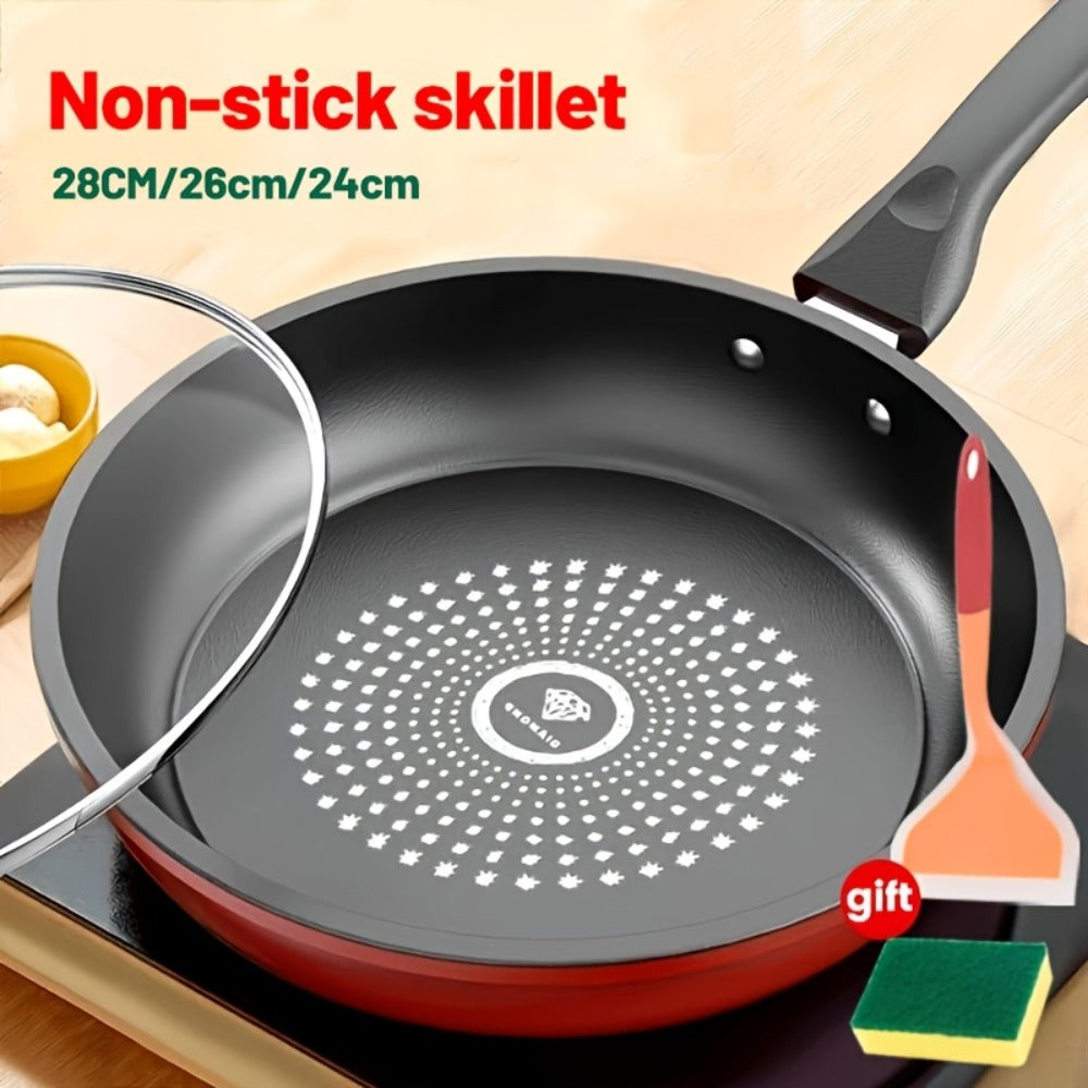 Nonstick Frying Pan with Lid 9.45 10.24 11.02 Inch Cast Iron Style Flat Bottom Skillet Stainless Steel Handle Smoke-Free Lightweight Cookware for All Stovetops Fried Eggs Steak Pancakes