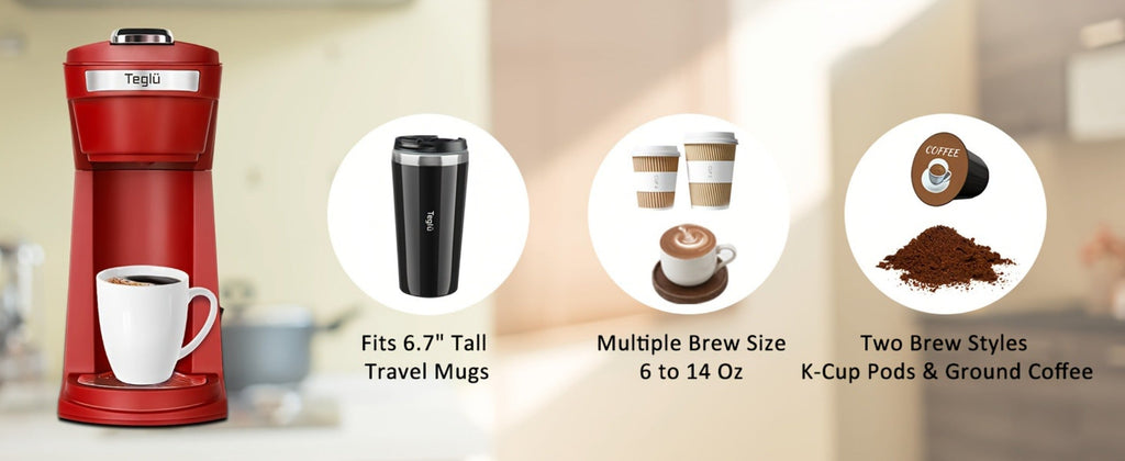 Single Serve Coffee Maker 2-in-1 for K-Cup Pods and Ground Coffee One-Button Operation 6-14oz Brew Sizes Auto Shut-Off Stainless Steel Drip Coffee Machine Blue Black Red Grey