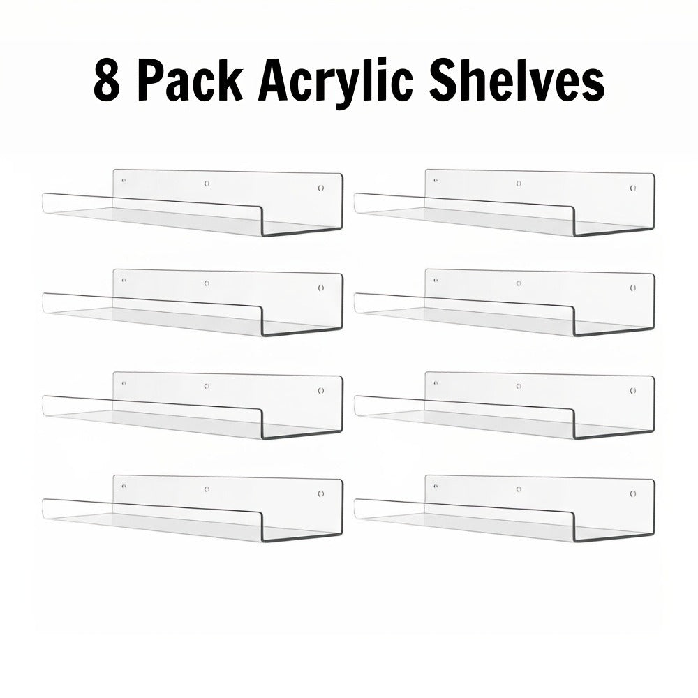 Acrylic Floating Wall Shelves - Clear Display Shelf Organizer for Bathroom, Bedroom, Living Room & Kitchen, 15x4 Inch Wall Mounted Storage Bookshelf, Set of 4/8/16 Pack Room Decor