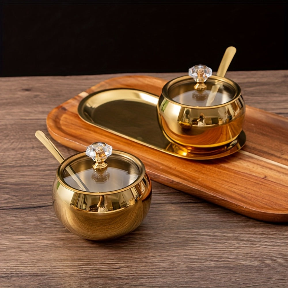 Golden Stainless Steel Seasoning Jar Set 2 or 3pcs Spice Containers with Lid and Spoon Serving Tray for Pepper Salt Spices Candy Coffee Beans Kitchen Organizer