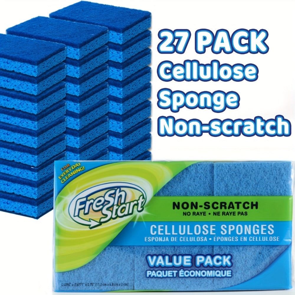 Non-Scratch Cellulose Sponge Dual-Sided with Tough Scouring Pad ¨C Dishwashing Sponges for Kitchen, Dishes & Bathroom, Absorbent & Durable, Green or Blue, 9/12/18/27 Pack Value Sets