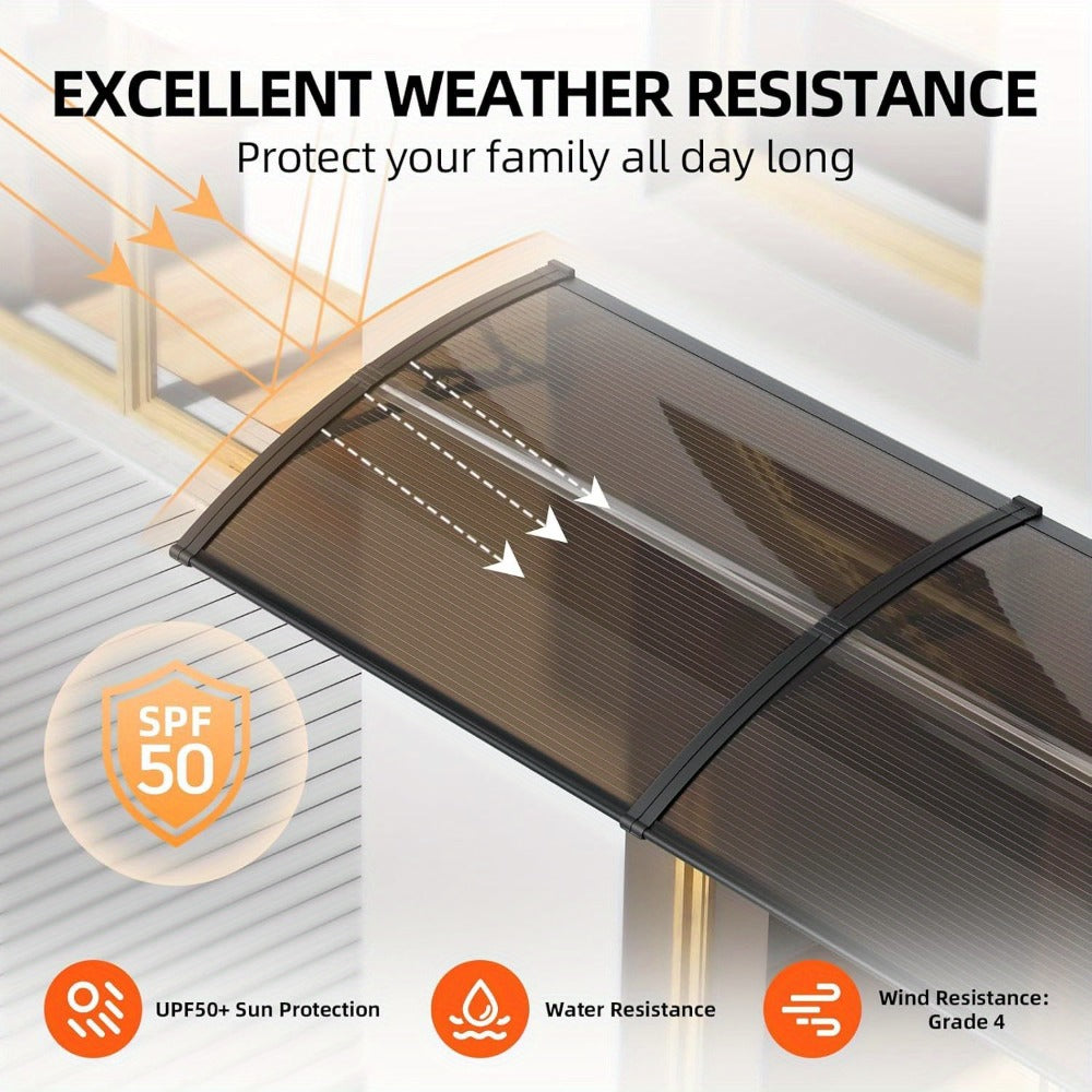 Polycarbonate Window Awning Door Canopy - UV Rain Snow Sun Protection Overhang for Doorways, Patio & Windows, Multiple Sizes, Black/Gray Bracket with Blue/Clear/Brown Board
