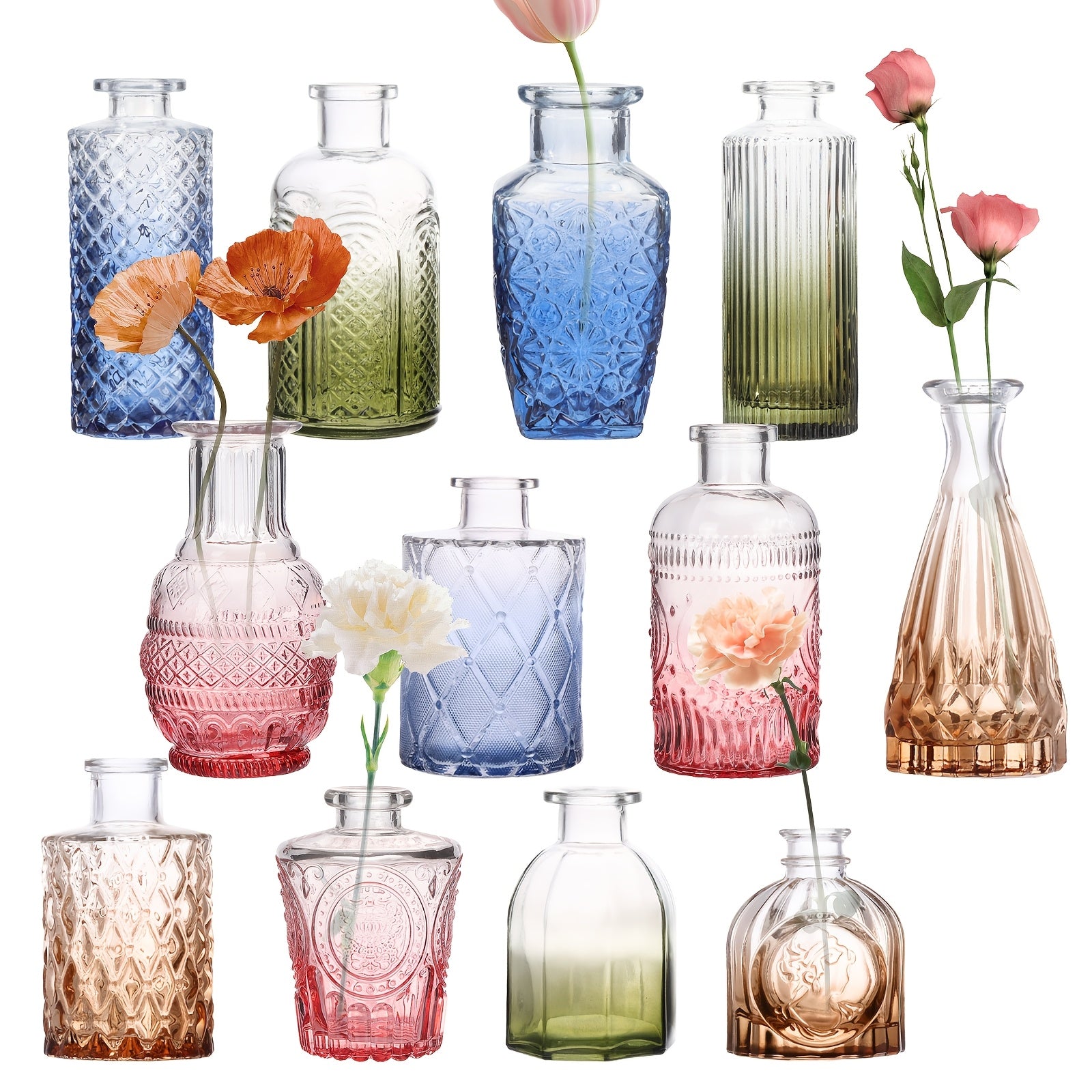 Glass Bud Vase Set 12pcs Bulk Mini Vintage Flower Vases Multicolor Relief Design - Centerpiece Decor for Wedding Home Table Party Living Room Boho Floral Arrangement