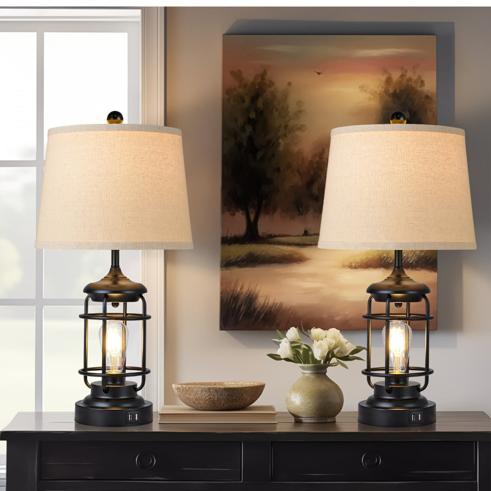Farmhouse Table Lamps Set of 2 with 4 LED Bulbs | Touch Control 3-Way Dimmable Nightstand Lamp Dual USB Ports Natural Linen Shade Metal Black 22 Inch Bedroom Living Room