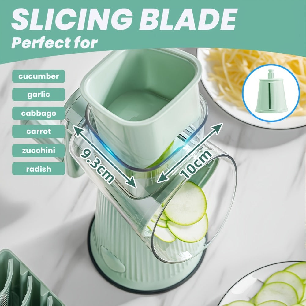 Rotary Cheese Grater with Interchangeable Blades ¨C 5-in-1 Manual Vegetable Slicer Shredder Set, Suction Cup Base, Easy to Clean, Multifunctional Kitchen Tool for Fruits, Vegetables & Nuts