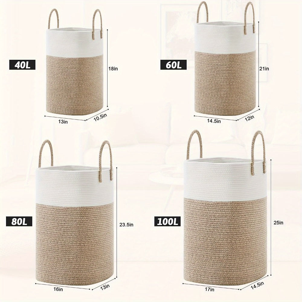 Woven Cotton Rope Laundry Basket Large Hamper with Handles for Bathroom Bedroom Living Room ¨C Jumbo Boho Storage Basket for Clothes Blankets Toys | 40L 60L 80L 100L
