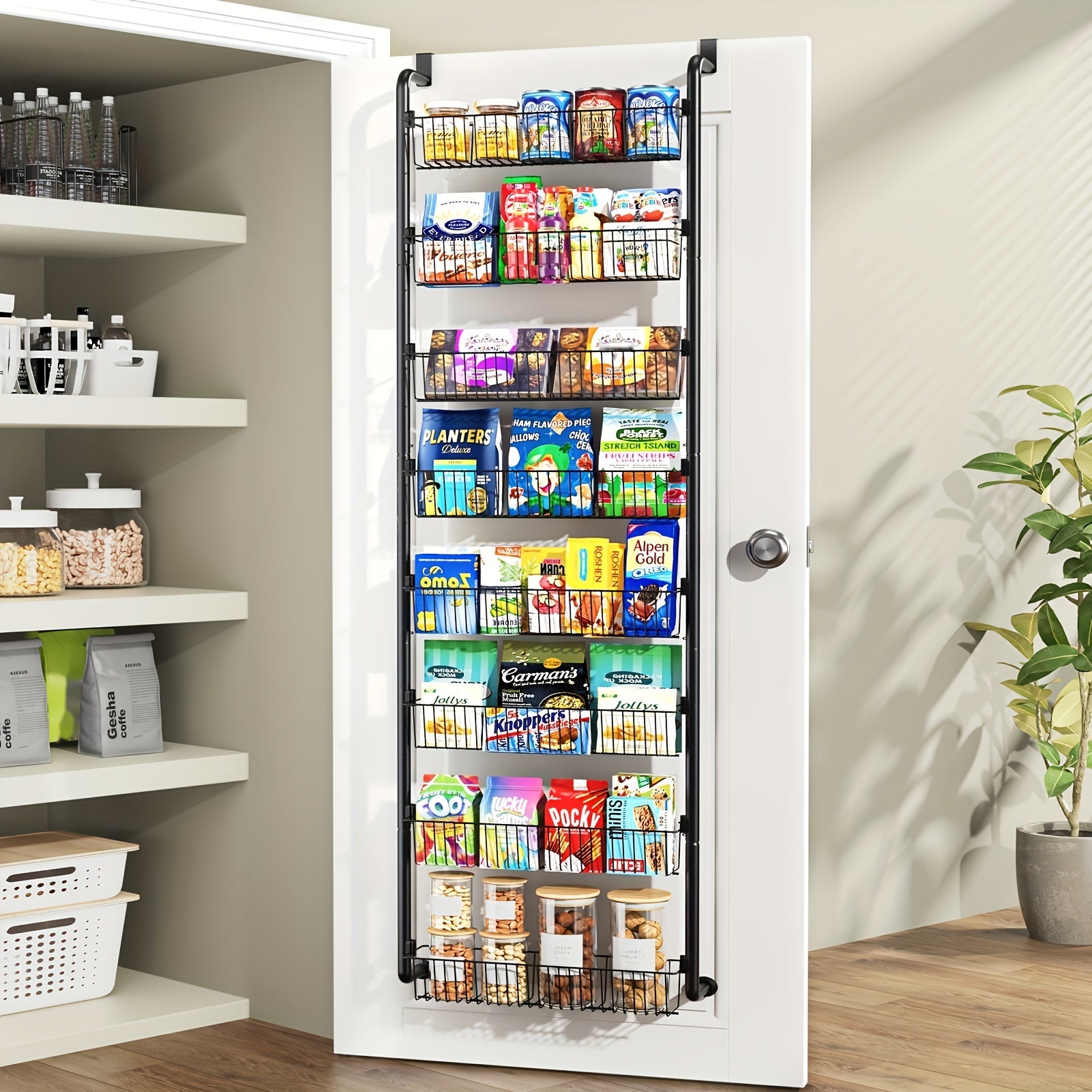 Over The Door Organizer - Heavy Duty Multi-Layer Pantry Storage Rack for Kitchen Bathroom Laundry Room, Space Saving Door Hanging Shelf, 6 or 8 Tier Metal Spice Food Storage Cabinet