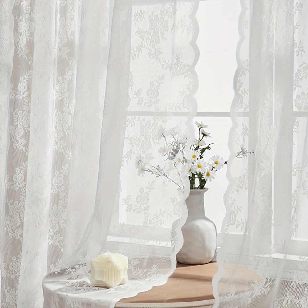 Sheer Lace Curtains 2 Panels Bohemian Floral Semi-Transparent Rod Pocket Window Curtains for Living Room Bedroom All Seasons